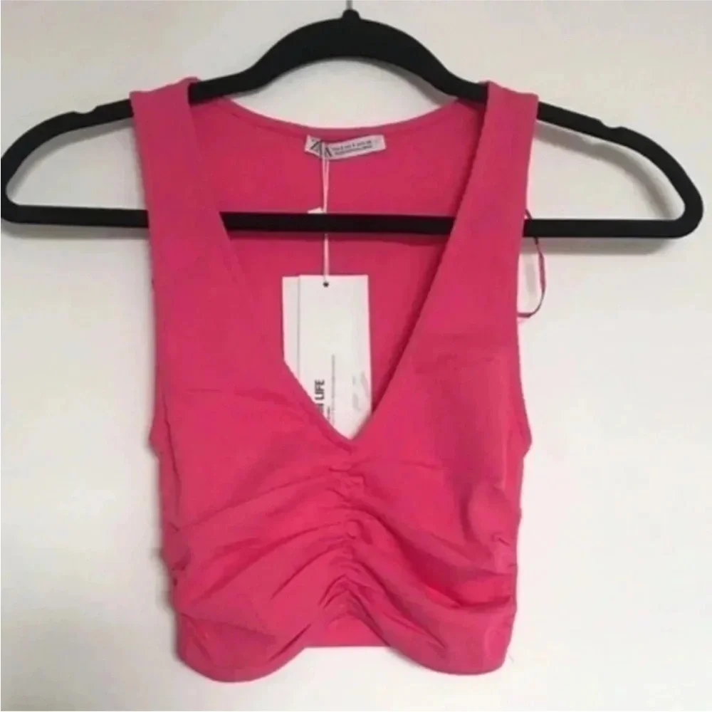 New Zara Pink Front Ruched Ribbed Top Size Small - Picture 3 of 5